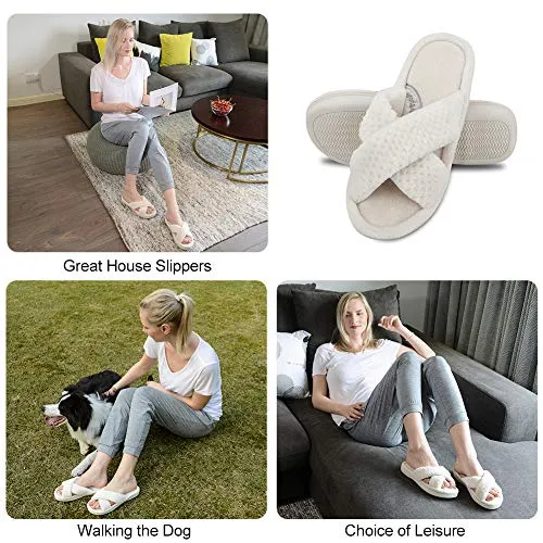 DL Women's Open Toe Cross Band Slippers, Memory Foam Slip on Home Slippers for Women with Indoor Outdoor Arch Support Rubber Sole, Beige, 11-12