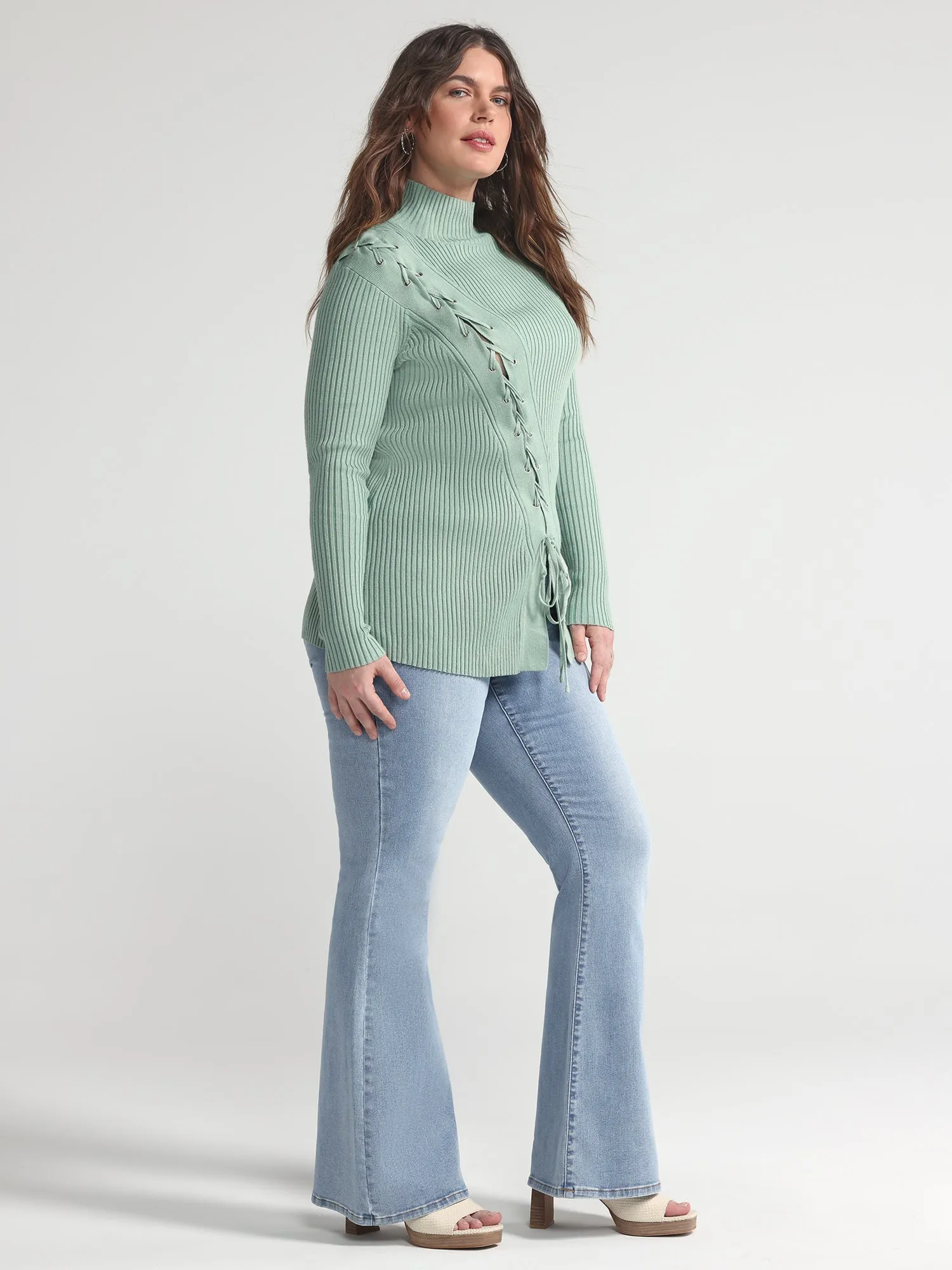 Fashion To Figure - Aneka Asymmetrical Lace-up Ribbed Knit Sweater