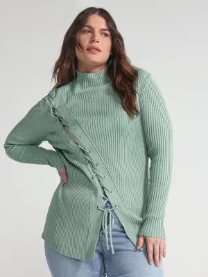 Fashion To Figure - Aneka Asymmetrical Lace-up Ribbed Knit Sweater