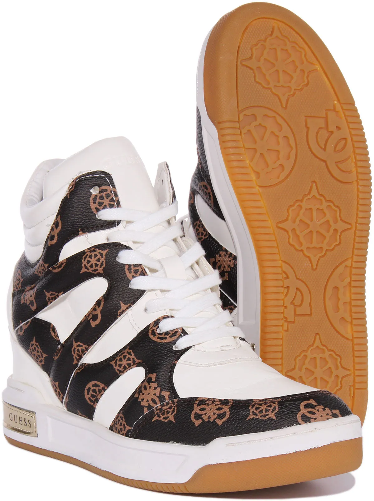 Guess Lisa Wedge Sneaker In White Brown For Women