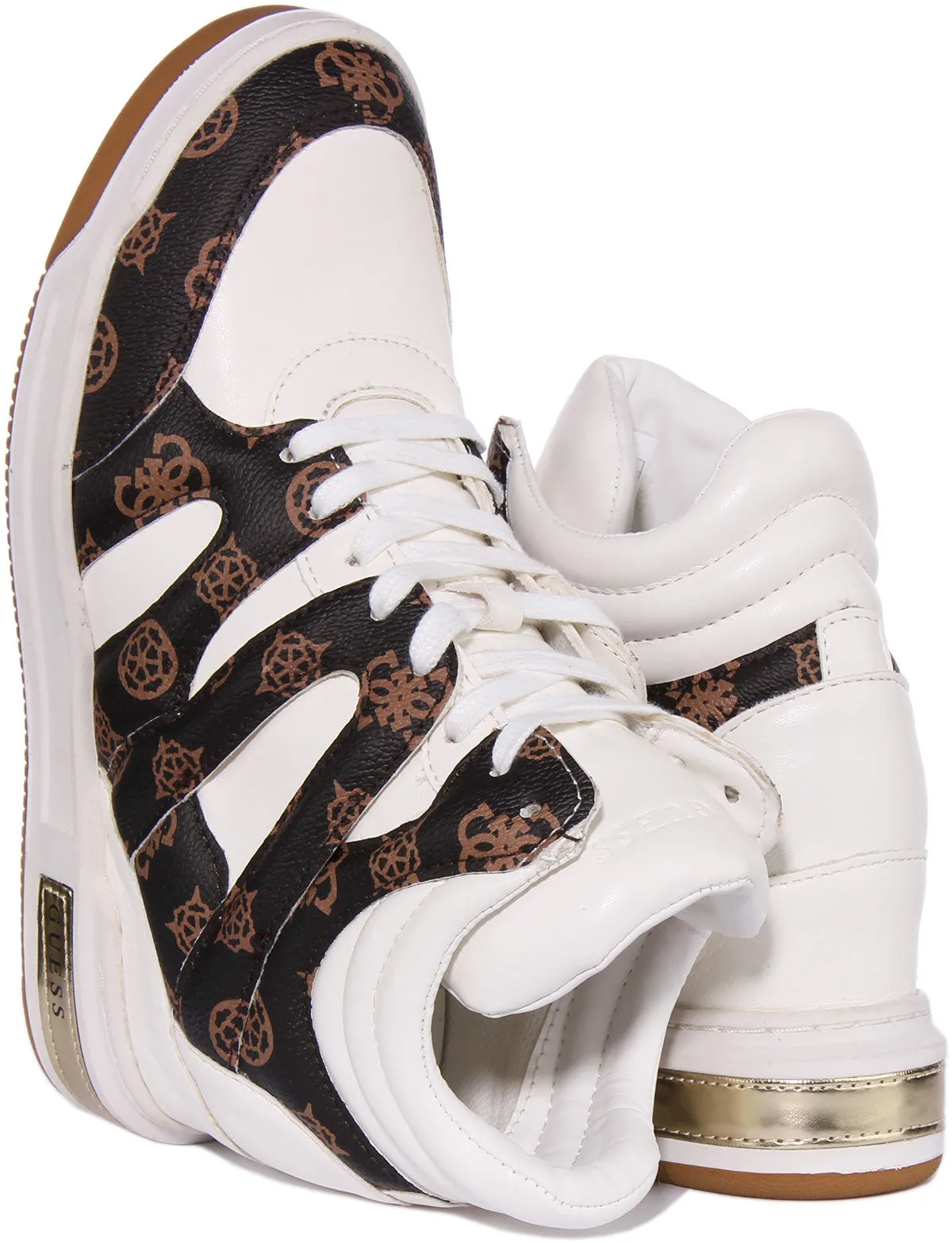 Guess Lisa Wedge Sneaker In White Brown For Women