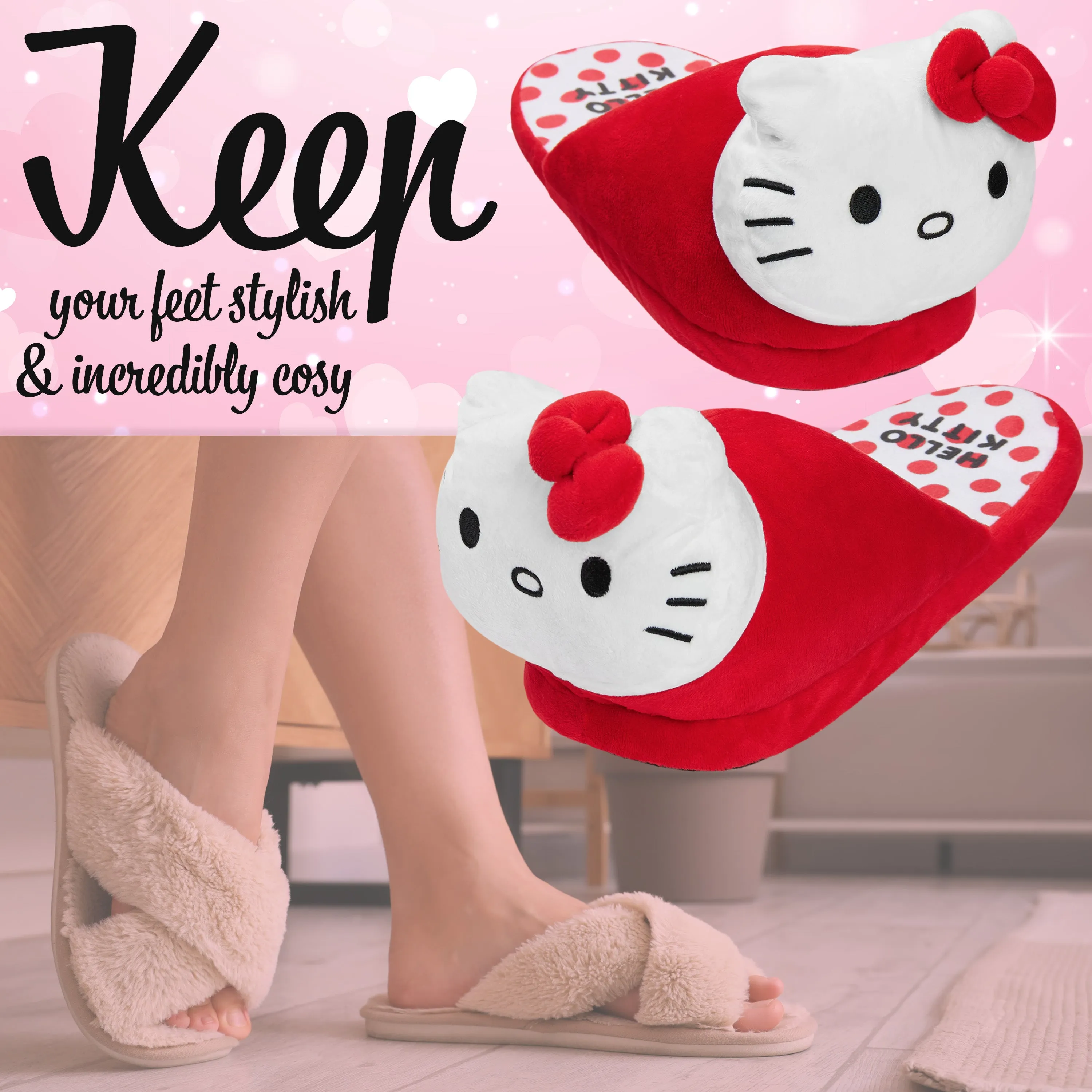 Hello Kitty Womens 3D Slippers, Cosy Indoor House Shoes Non Slip Loungewear - Gifts for Her