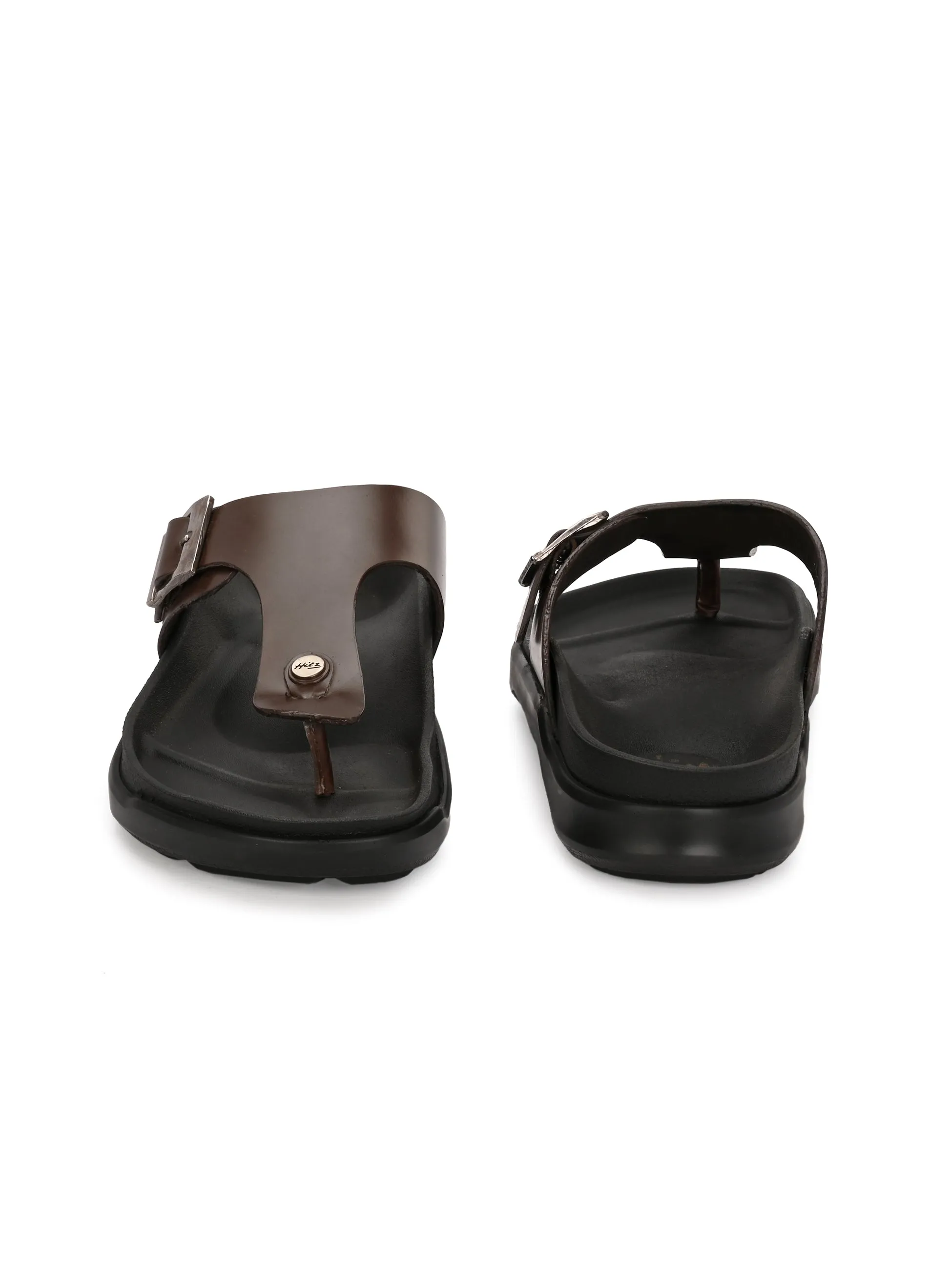 Hitz Men's Brown Leather Open Toe Slippers