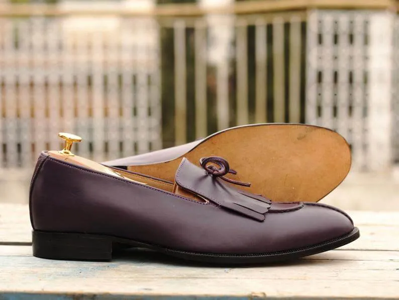 Latest Handmade Men's Purple Leather Fringes & Tussle Loafers, Men Split Toe Dress Formal Shoes