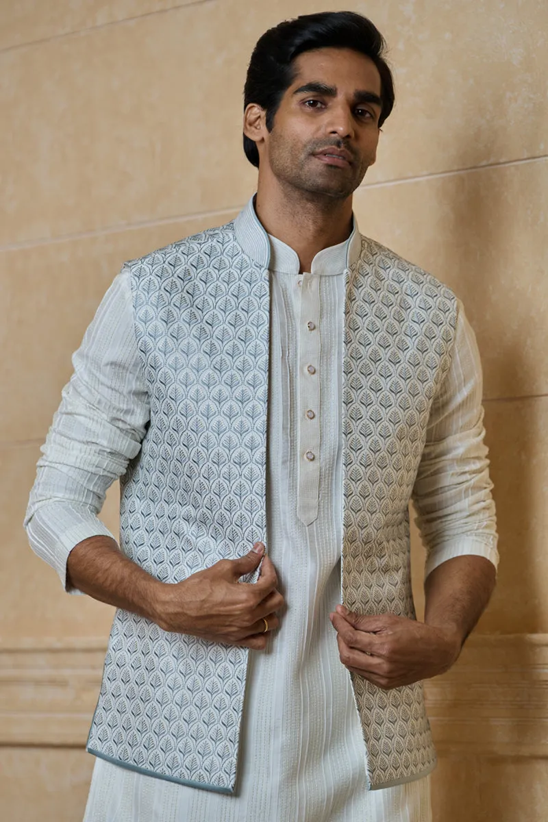 Light Blue All Over Embroidered Kurta Bundi Set