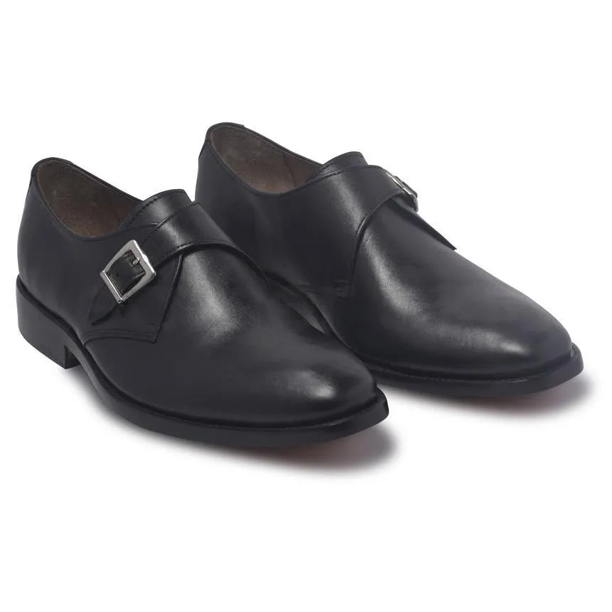 Men Black Single Monk Strap Genuine Leather Shoes