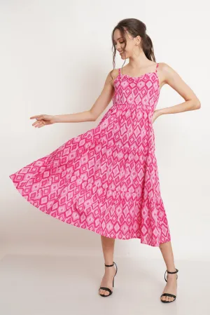 Pink Ikat Print Flared Cotton Dress For Women