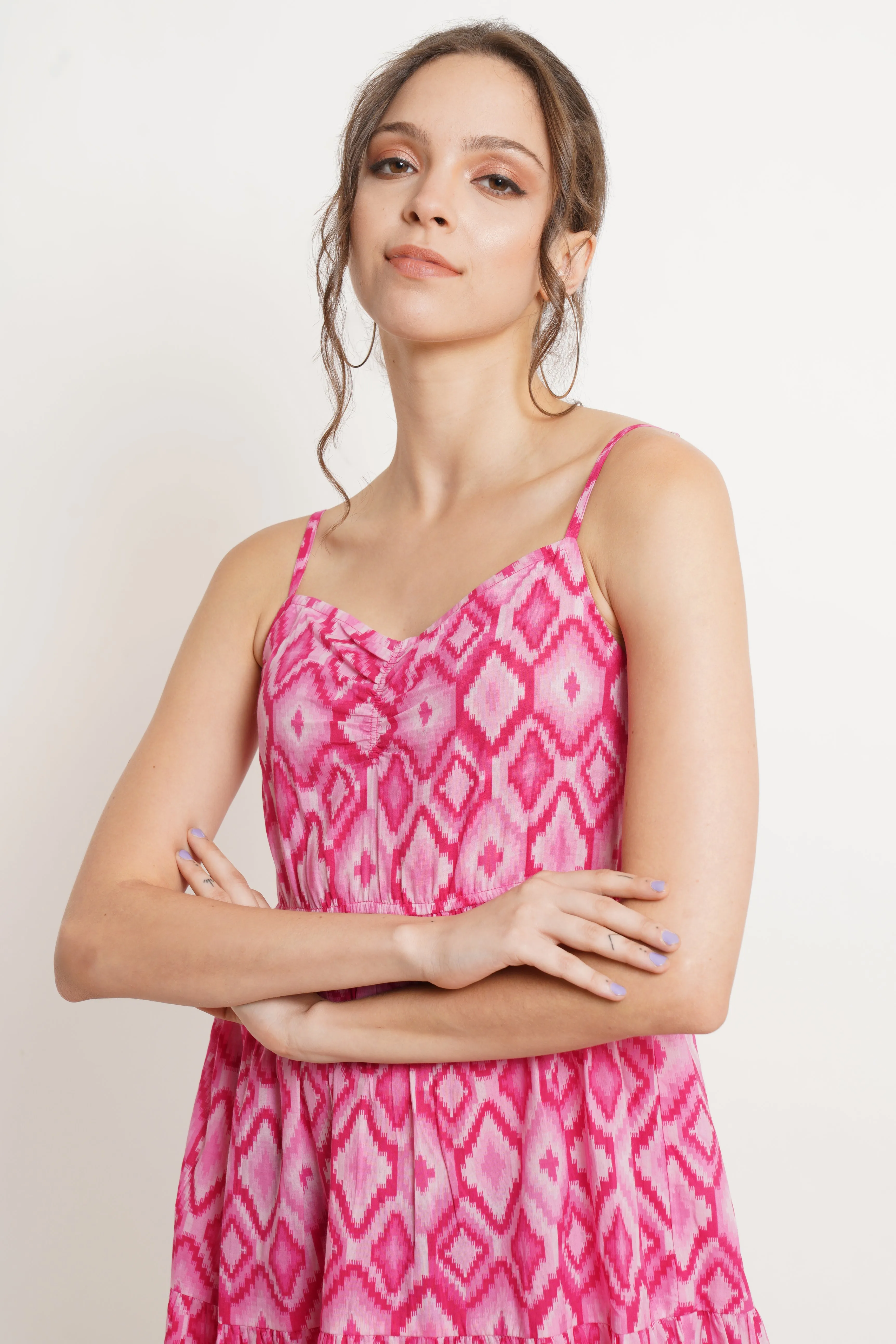 Pink Ikat Print Flared Cotton Dress For Women