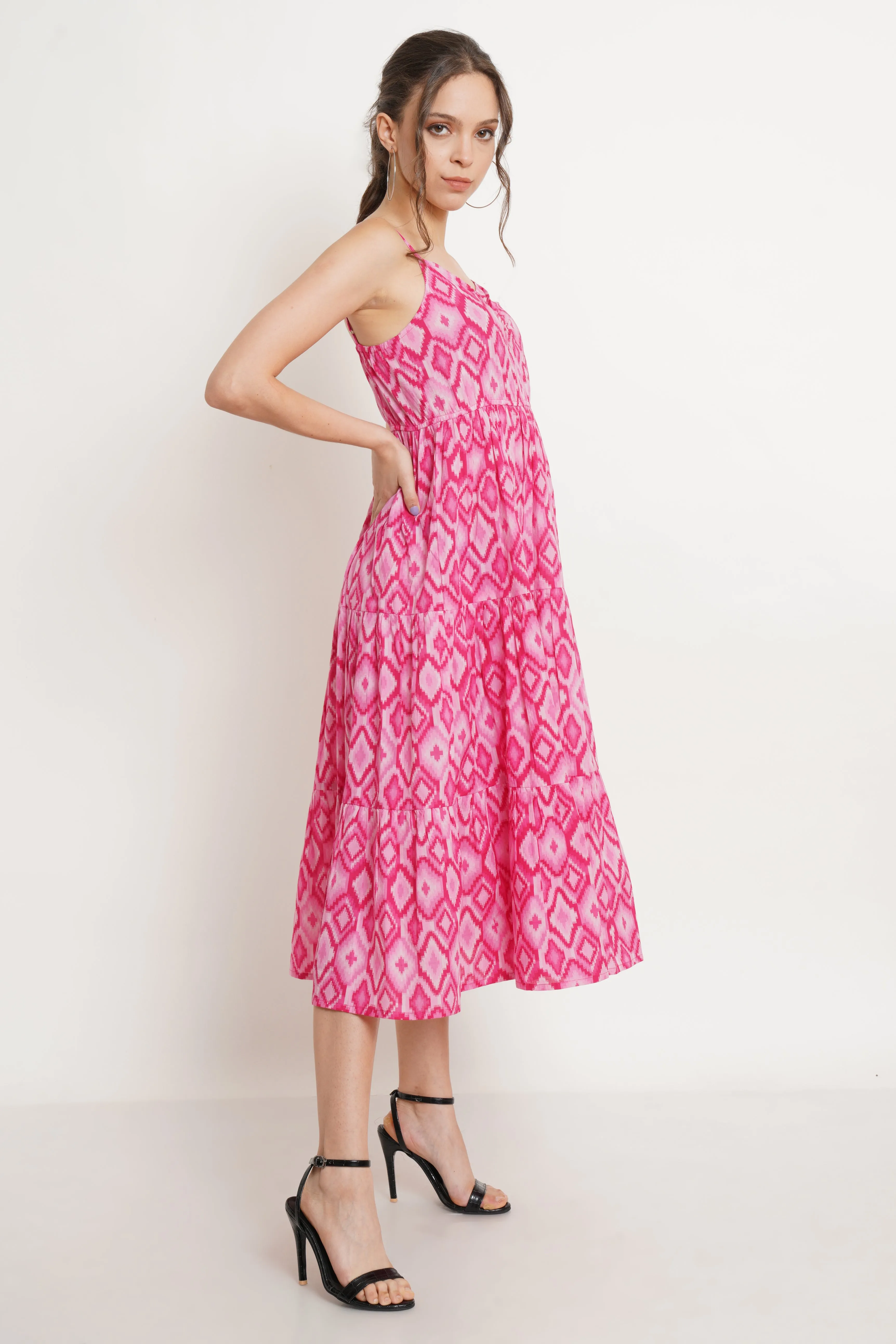 Pink Ikat Print Flared Cotton Dress For Women