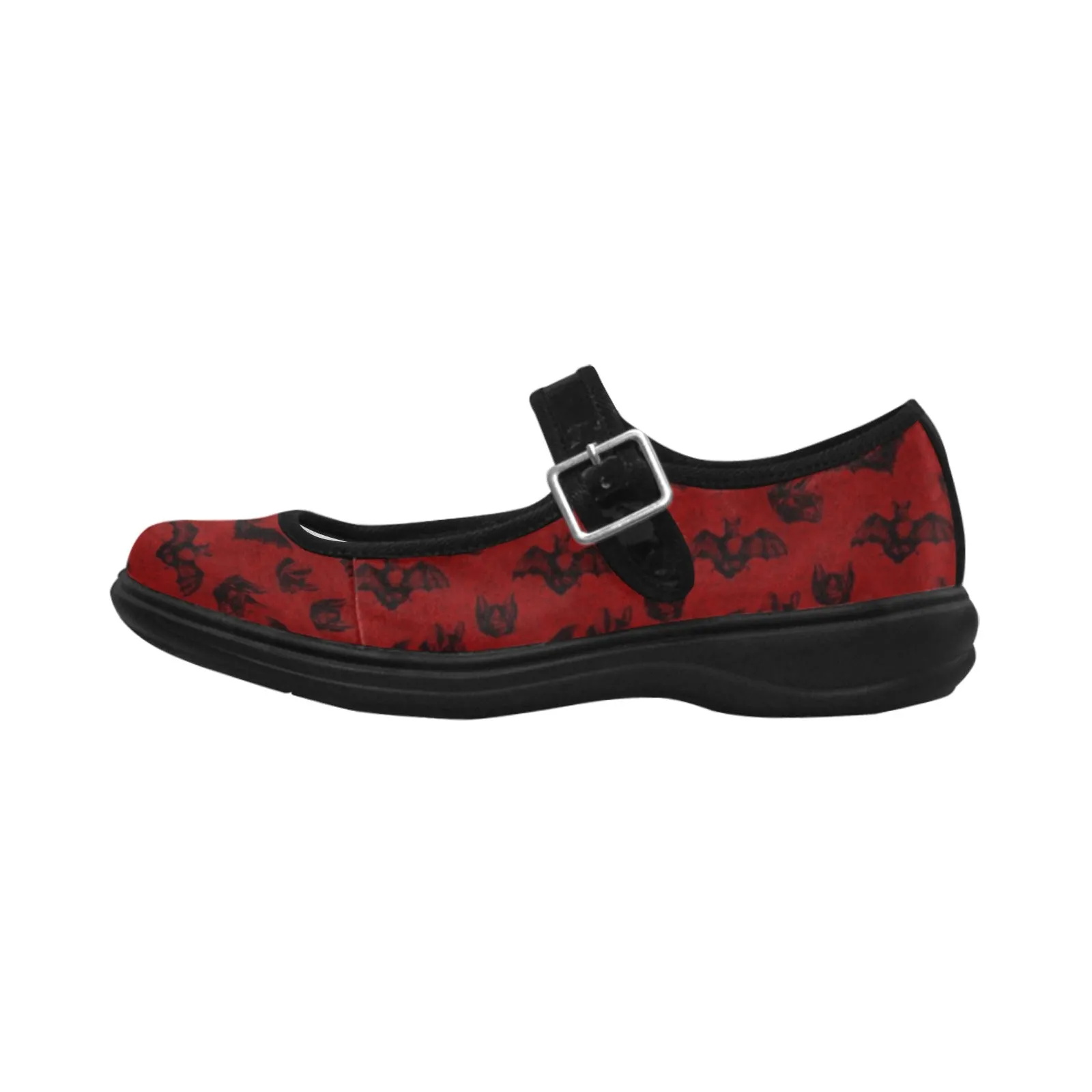 Red with Black Bats Mila Satin Women's Mary Jane Flat (Model 4808)