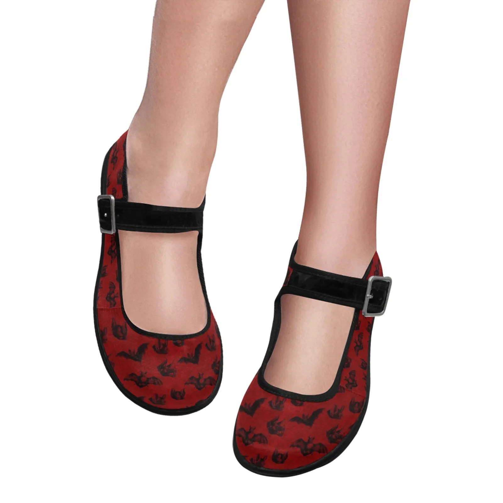 Red with Black Bats Mila Satin Women's Mary Jane Flat (Model 4808)