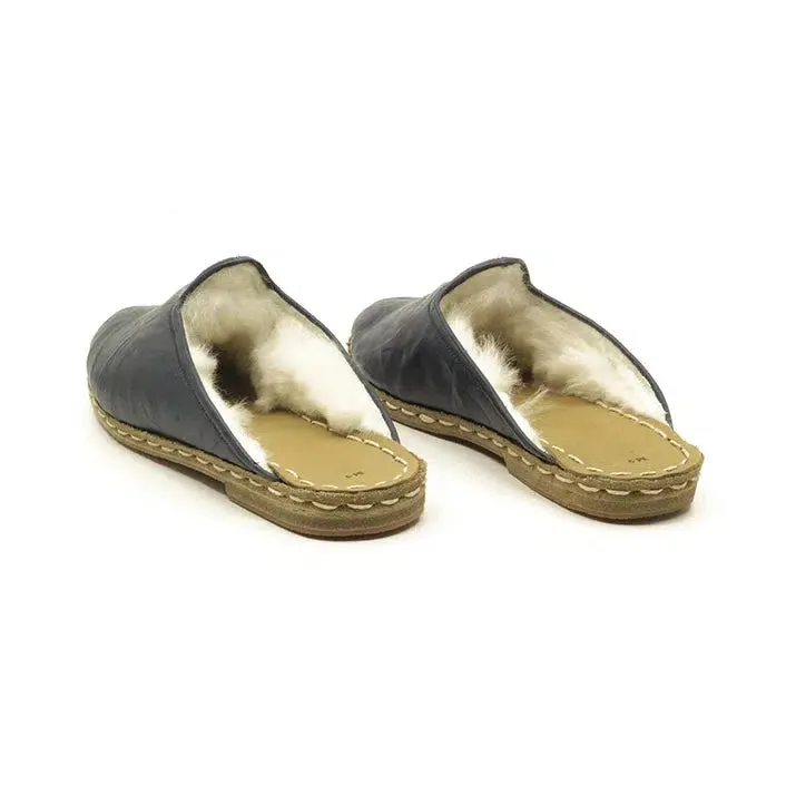 Sheepskin Furry Navy Blue Men's Slippers