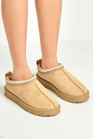 Sigrid Embroidered Faux Fur Lining Slippers in Sand