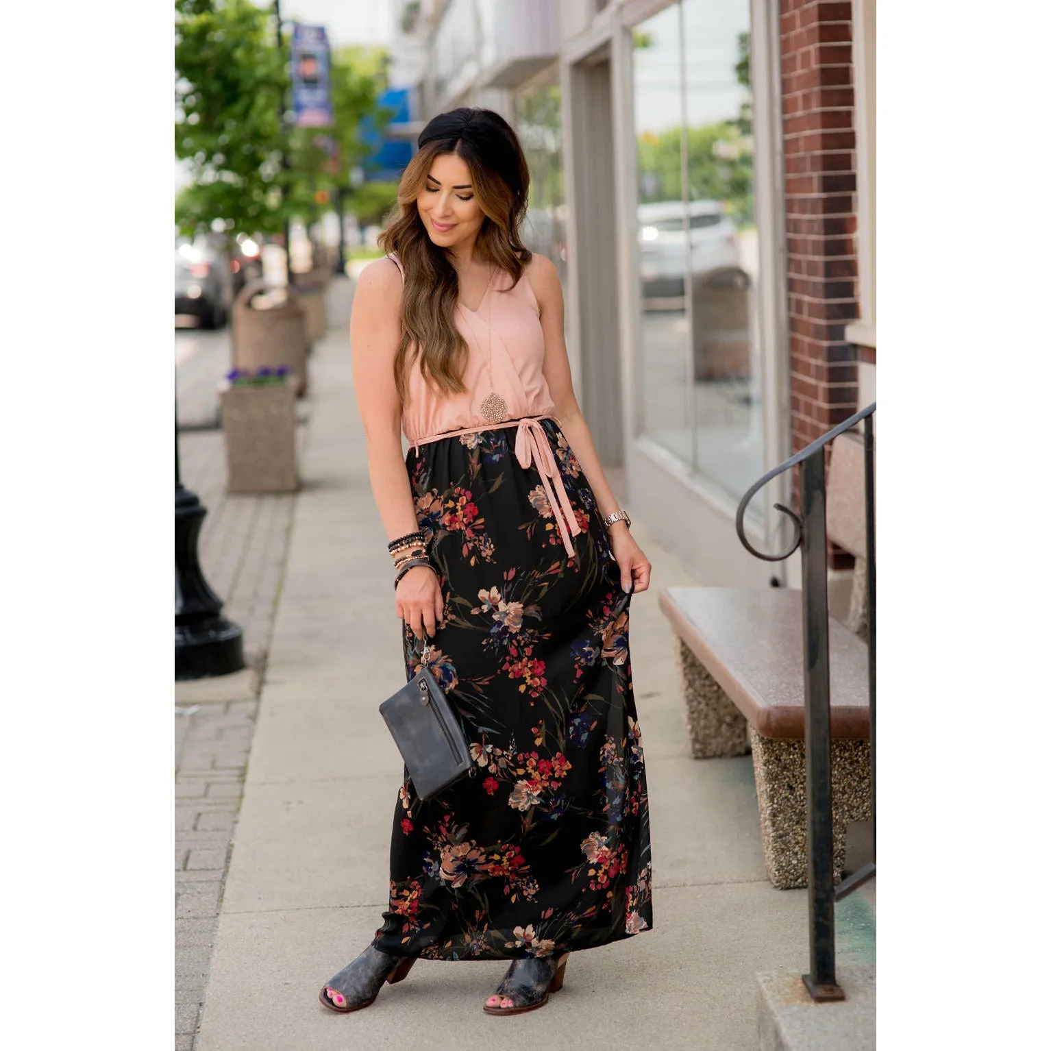 Solid Top Floral Bottom Maxi