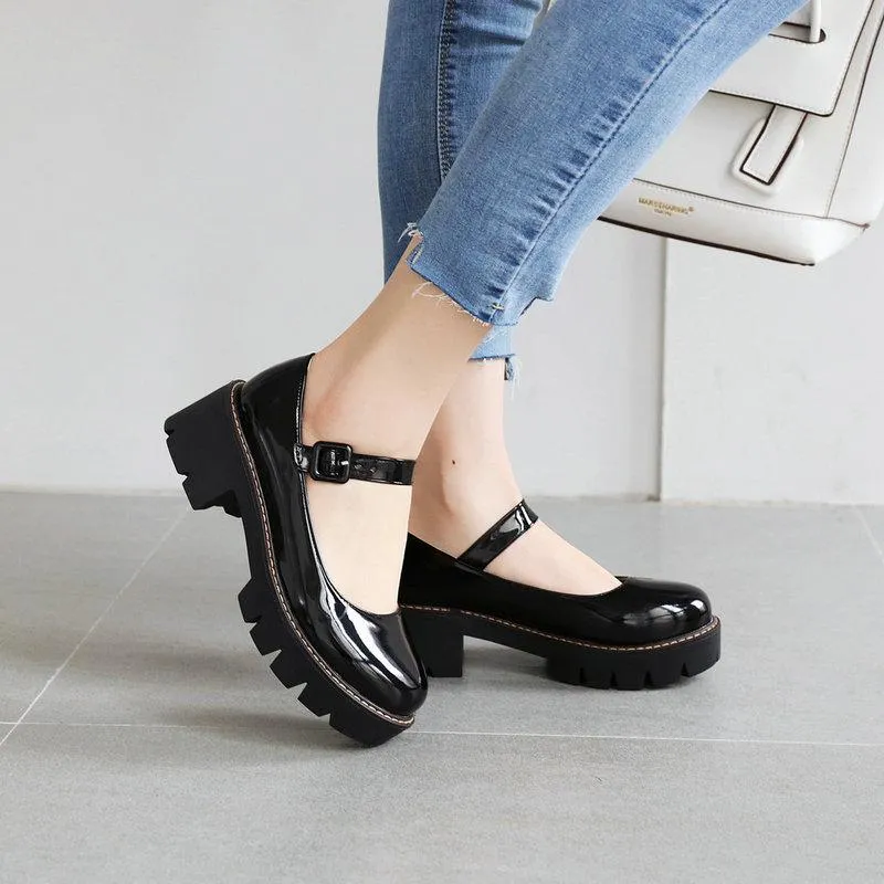 Women PU patent chunky platform marry jane loafers shoes