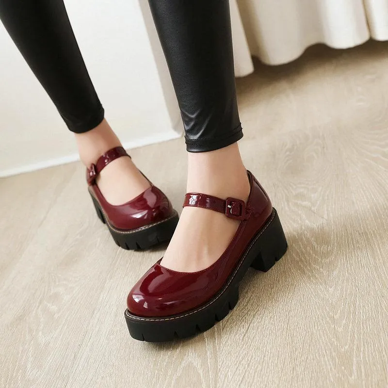 Women PU patent chunky platform marry jane loafers shoes