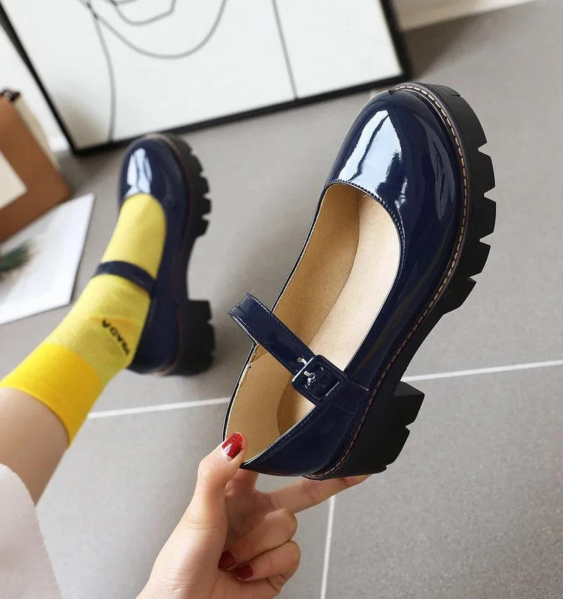 Women PU patent chunky platform marry jane loafers shoes